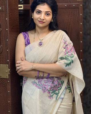 White blue color linen cotton digital printed saree 2