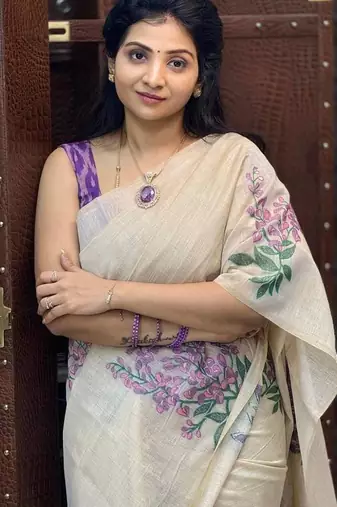 White blue color linen cotton digital printed saree