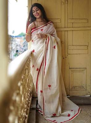 white & red color linen printed lace border sarees 1
