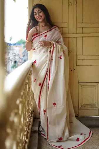 white & red color linen printed lace border sarees