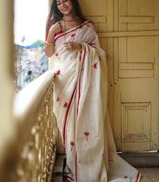 white & red color linen printed lace border sarees
