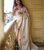 white & red color linen printed lace border sarees