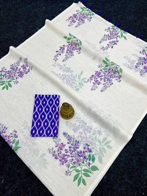 White blue color linen cotton digital printed saree 3
