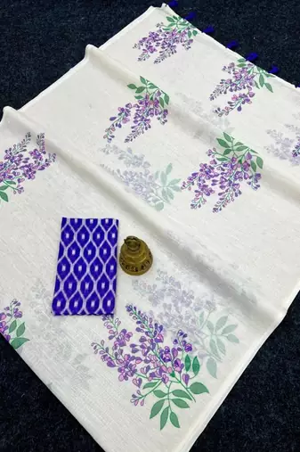 White blue color linen cotton digital printed saree