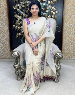 White blue color linen cotton digital printed saree 4