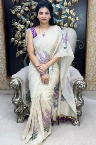 White blue color linen cotton digital printed saree