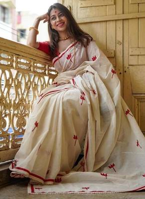 white & red color linen printed lace border sarees 3