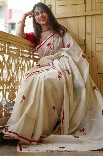 white & red color linen printed lace border sarees