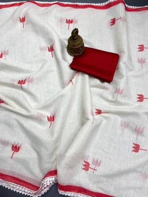 white & red color linen printed lace border sarees 4