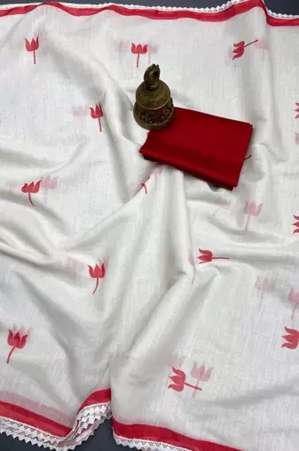white & red color linen printed lace border sarees