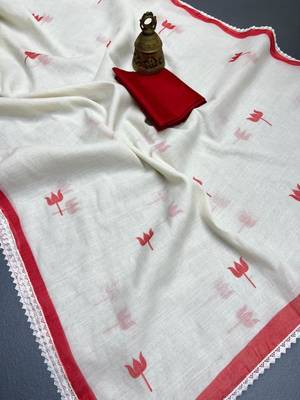 white & red color linen printed lace border sarees 5