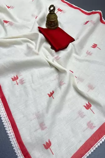 white & red color linen printed lace border sarees