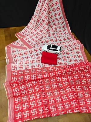 white & red color linen digital printed durga pooja sarees 3