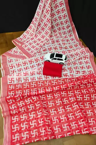 white & red color linen digital printed durga pooja sarees