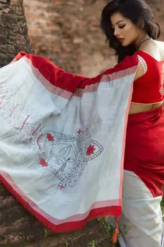 white & red color linen digital printed durga pooja sarees