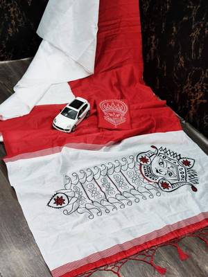 white & red color linen digital printed durga pooja sarees 1