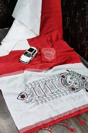 white & red color linen digital printed durga pooja sarees