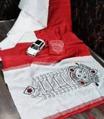 white & red color linen digital printed durga pooja sarees