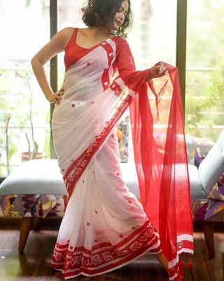 white & red color linen digital printed durga pooja sarees 1