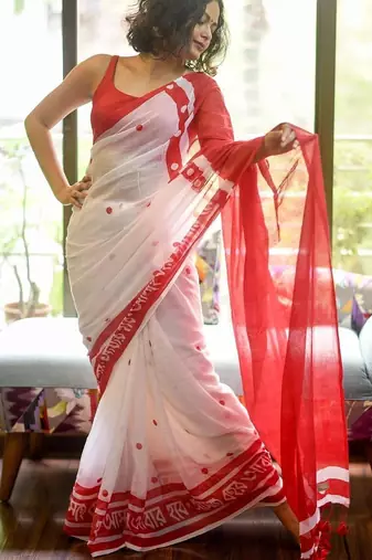 white & red color linen digital printed durga pooja sarees
