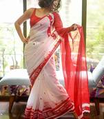 white & red color linen digital printed durga pooja sarees