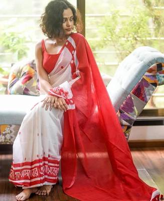 white & red color linen digital printed durga pooja sarees 2