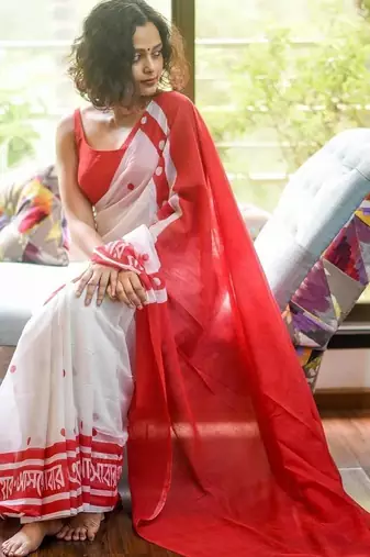 white & red color linen digital printed durga pooja sarees