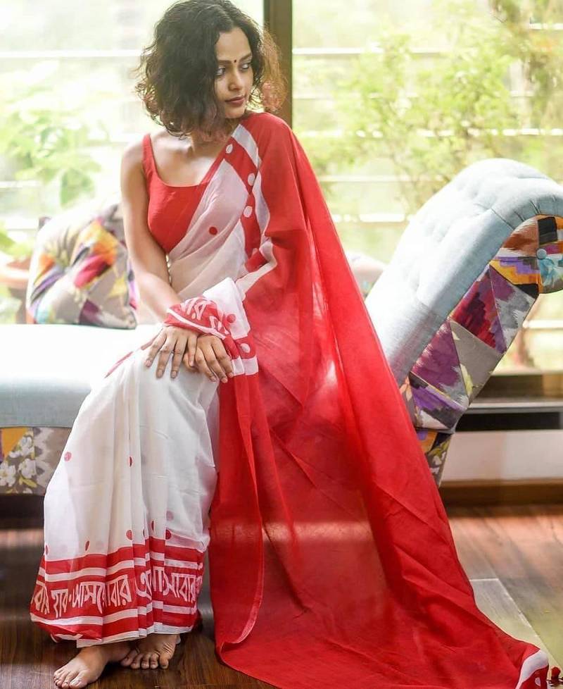 white & red color linen digital printed durga pooja sarees