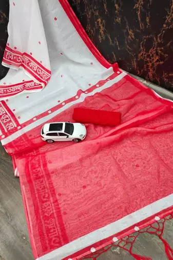 white & red color linen digital printed durga pooja sarees