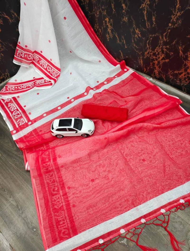 white & red color linen digital printed durga pooja sarees