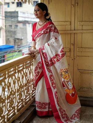 white & red color linen digital printed durga pooja sarees 1