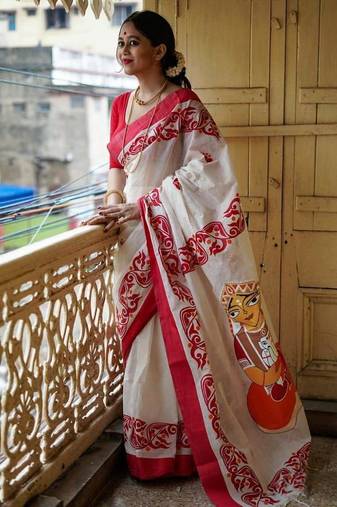 white & red color linen digital printed durga pooja sarees
