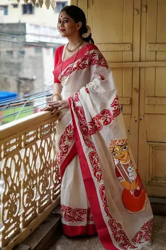 white & red color linen digital printed durga pooja sarees