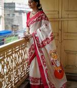 white & red color linen digital printed durga pooja sarees