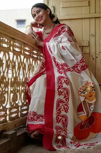 white & red color linen digital printed durga pooja sarees