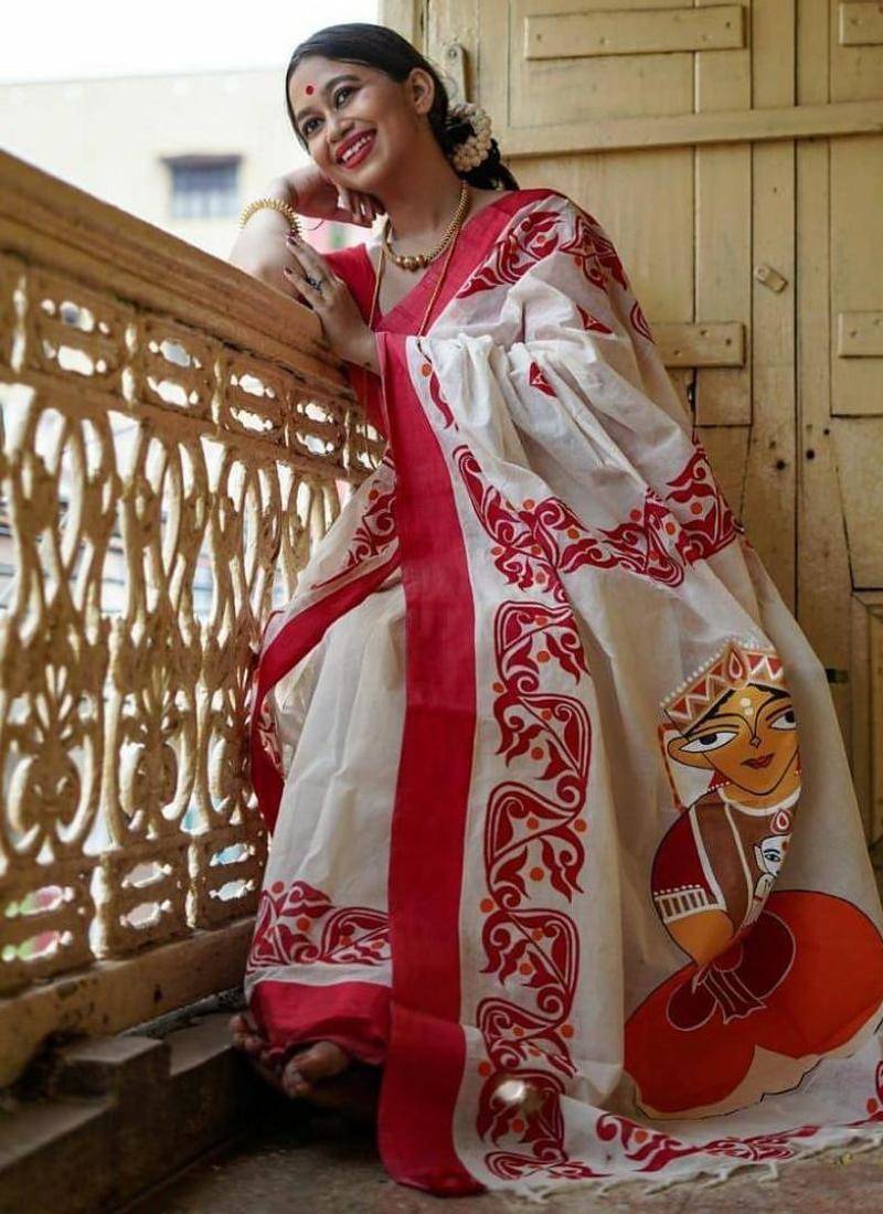 white & red color linen digital printed durga pooja sarees