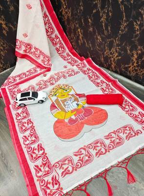white & red color linen digital printed durga pooja sarees 3