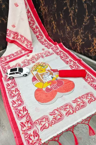 white & red color linen digital printed durga pooja sarees