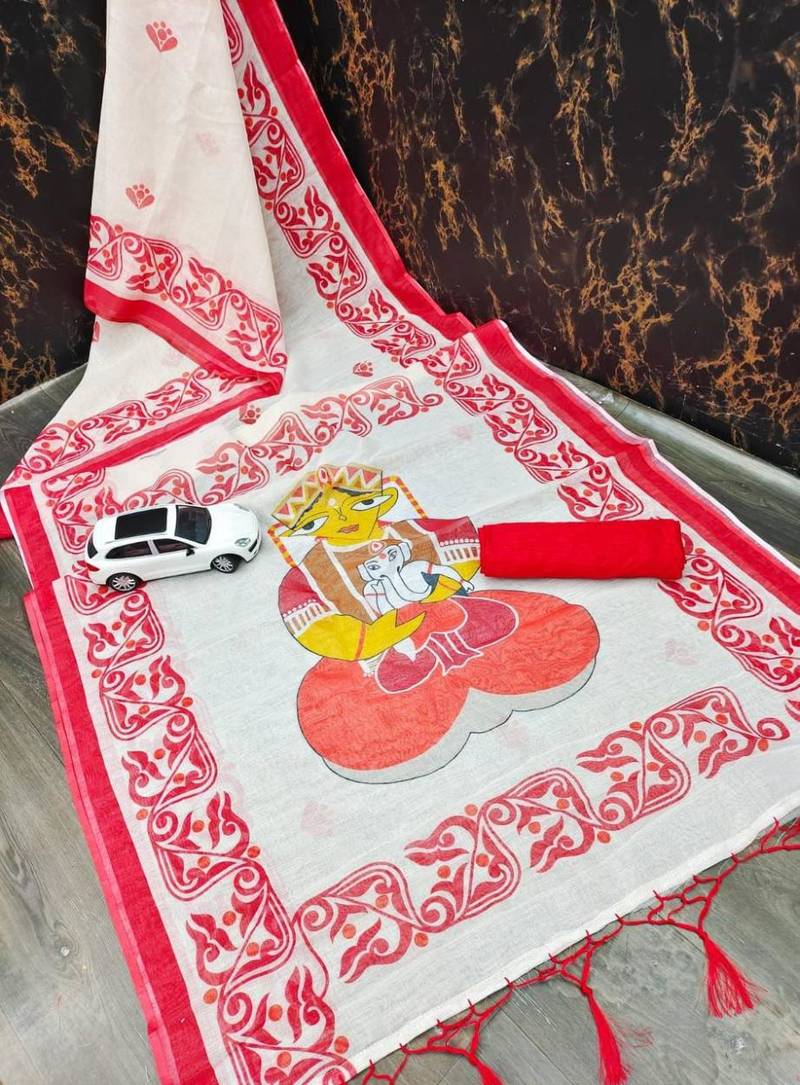 white & red color linen digital printed durga pooja sarees