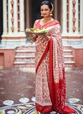 white & red color linen digital printed durga pooja sarees 1