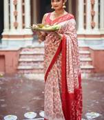 white & red color linen digital printed durga pooja sarees