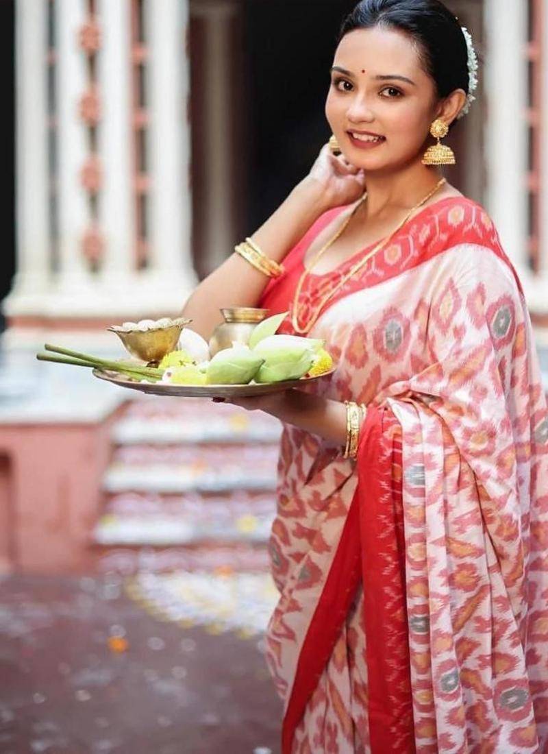 white & red color linen digital printed durga pooja sarees