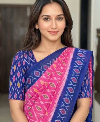 blue pink  color linen digital print saree 1