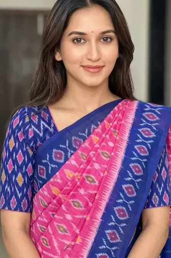 blue pink  color linen digital print saree