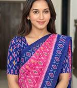 blue pink  color linen digital print saree