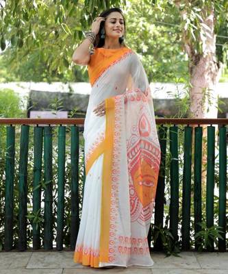 white yellow color linen durga pooja sarees 1