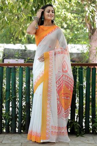 white yellow color linen durga pooja sarees