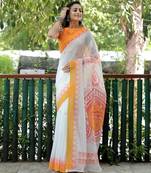 white yellow color linen durga pooja sarees