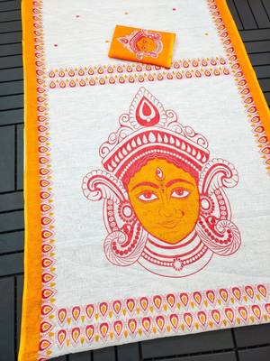 white yellow color linen durga pooja sarees 2