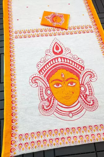 white yellow color linen durga pooja sarees